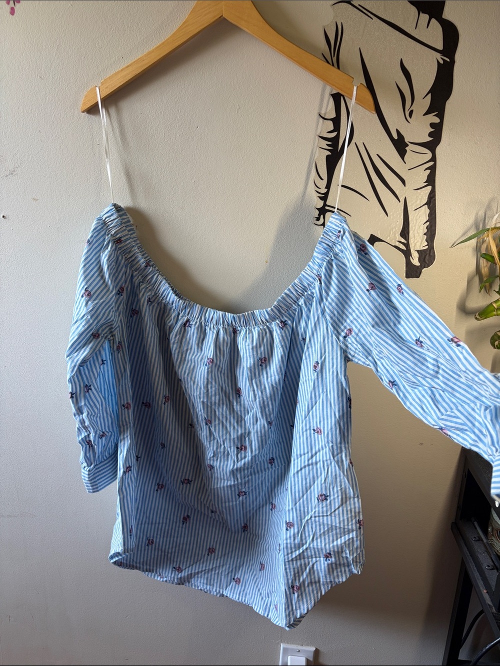 Blue Striped Off-Shoulder Top with Floral Detail